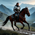 A professional adventurer, fully clothed in modest, practical fantasy-style armor and protective gear, riding a majestic, powerful horse through a rugged, dark fantasy landscape. The horse is mid-stride, showcasing agility and speed, navigating a winding path through ancient ruins and untouched wilderness. The background features distant, imposing mountains under a serene twilight sky. The scene is well-lit, emphasizing the intricate details of the character's attire and the mount's form. safe for work, appropriate content, fully clothed, professional, perfect anatomy, correct proportions, natural pose, well-formed hands, proper finger count, natural body proportions, professional photography, cinematic lighting, high quality.