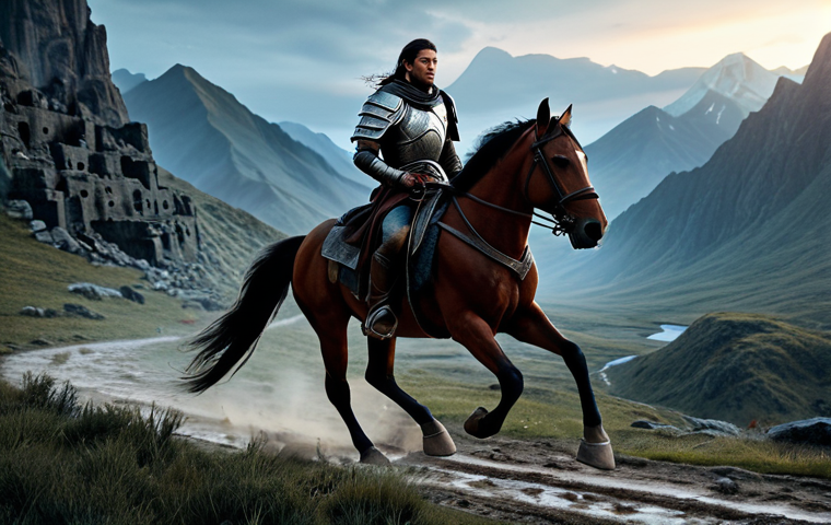 A professional adventurer, fully clothed in modest, practical fantasy-style armor and protective gear, riding a majestic, powerful horse through a rugged, dark fantasy landscape. The horse is mid-stride, showcasing agility and speed, navigating a winding path through ancient ruins and untouched wilderness. The background features distant, imposing mountains under a serene twilight sky. The scene is well-lit, emphasizing the intricate details of the character's attire and the mount's form. safe for work, appropriate content, fully clothed, professional, perfect anatomy, correct proportions, natural pose, well-formed hands, proper finger count, natural body proportions, professional photography, cinematic lighting, high quality.